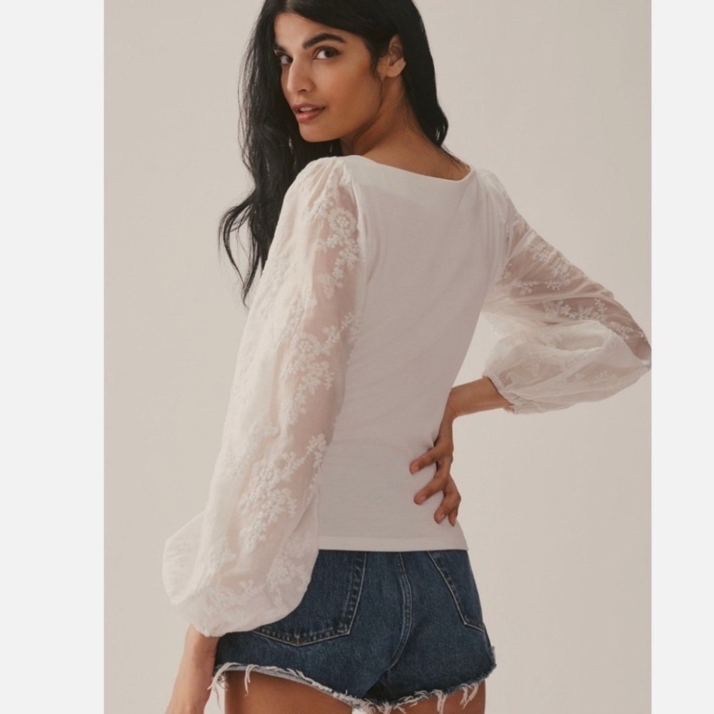 Anthropologie Sunday in Brooklyn Lace Sleeve Blouse Small White Boho - Picture 5 of 13
